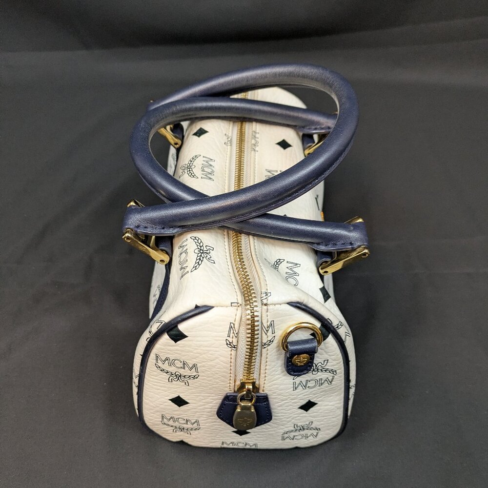 MCM Navy Blue and White Monogram Rare Boston Mini Top Handle Bag - Picture 14 of 14